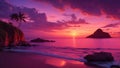 A breathtaking sunset scene on a remote, unspoiled island, with vibrant hues of orange, pink, and purple Royalty Free Stock Photo