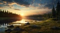 Photorealistic Sunset On Lake In Forest: Unreal Engine Stock Photo