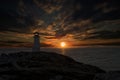 Breathtaking sunset scenery in the cloudy sky in the lighthouse at the coast of the sea