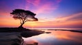 Breathtaking sunset silhouette of a lone tree by the beach