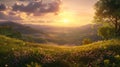 A breathtaking sunset view over a blossoming mountain meadow, with the last rays of sunlight casting a warm glow on the rolling Royalty Free Stock Photo