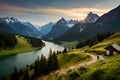 A breathtaking Swiss landscape with a river winding through a valley, traditional houses, and the towering Swiss Alps in the