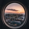 Breathtaking Town View Through Aircraft Window Cloudless Sundown Sky