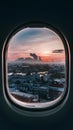 Breathtaking Town View Through Aircraft Window Cloudless Sundown Sky