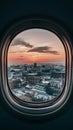 Breathtaking Town View Through Aircraft Window Cloudless Sundown Sky