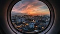 Breathtaking Town View Through Aircraft Window Cloudless Sundown Sky