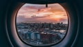 Breathtaking Town View Through Aircraft Window Cloudless Sundown Sky