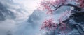 Serene Cherry Blossoms Amidst Snow-Capped Mountain Peaks. Generative Ai Royalty Free Stock Photo