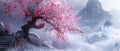 Serene Cherry Blossoms Amidst Snow-Capped Mountain Peaks. Generative Ai Royalty Free Stock Photo