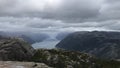 Breathtaking video of Preikestolen pulpit rock during rainy summer day in Norway, Scandinavia