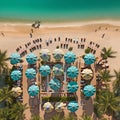 umbrellas and sunbeds top view the sandy beach