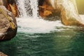 Breathtaking view of beautiful waterfall of the mountain river. Sapadere canyon, Turkey. Summer vacation, rest, wild nature