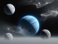Breathtaking View of a Blue Planet Surrounded by Three Moons in a Vast Cosmic Landscape. Royalty Free Stock Photo