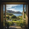 Open Window Overlooking Serene Lake and Majestic Mountains Royalty Free Stock Photo