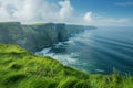 Breathtaking view of the Cliffs of Moher in Ireland on a sunny day. The image is generated with the use of an AI. Royalty Free Stock Photo