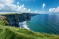 Breathtaking view of the Cliffs of Moher in Ireland on a sunny day. The image is generated with the use of an AI. Royalty Free Stock Photo