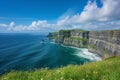 Breathtaking view of the Cliffs of Moher in Ireland on a sunny day. The image is generated with the use of an AI. Royalty Free Stock Photo