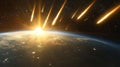 A breathtaking view of Earth from space with comets streaking by under bright sunlight amidst a stellar backdrop Royalty Free Stock Photo
