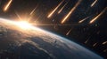 A breathtaking view of Earth from space with comets streaking by under bright sunlight amidst a stellar backdrop Royalty Free Stock Photo