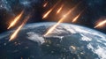 A breathtaking view of Earth from space with comets streaking by under bright sunlight amidst a stellar backdrop Royalty Free Stock Photo