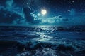 A breathtaking view of a full moon and stars casting their luminous glow over the serene nighttime ocean, A moonlit ocean with Royalty Free Stock Photo