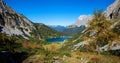 Breathtaking view from the hiking trail to alpine landscape with seebensee and zugspitze mountain in autumn