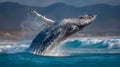 A breathtaking view of a humpback whale breaching the ocean surface with mountains in the background Royalty Free Stock Photo