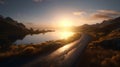 Breathtaking View of the Lake and Road at Sunset Royalty Free Stock Photo