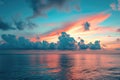 A breathtaking view of a magnificent sunset over the tranquil ocean, adorned with clouds, A gentle blend of sunset hues over a