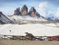 Breathtaking view from mountain hut terrace to symbol of Italian Dolomites