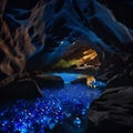 A breathtaking view of a natural cave formation with vibrant blue water cascading through the rocks