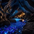 A breathtaking view of a natural cave formation with vibrant blue water cascading through the rocks