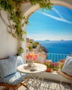 breathtaking view outside a Mediterranean house with open windows and a balcony. Royalty Free Stock Photo