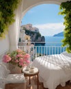 breathtaking view outside a Mediterranean house with open windows and a balcony. Royalty Free Stock Photo