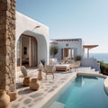 breathtaking view outside a Mediterranean house with open windows and a balcony. Royalty Free Stock Photo