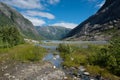 Breathtaking view over a clear blue lake Nigardsbrevatnet from the Nigardsbreen glacier in Jostedalsbreen National Park Royalty Free Stock Photo