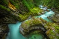 Breathtaking view over colorful Radovna river in Vintgar Gorge, Slovenia. Long exposure.