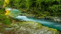 Breathtaking view over colorful Radovna river in Vintgar Gorge, Slovenia. Long exposure.