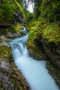 Breathtaking view over colorful Radovna river in Vintgar Gorge, Slovenia. Long exposure.