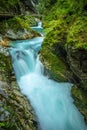 Breathtaking view over colorful Radovna river in Vintgar Gorge, Slovenia. Long exposure.