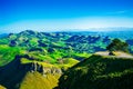 Breathtaking view over lush green of Te Mata Hills. Mountain road making a sharp turn round a big tree growing on the slope. Royalty Free Stock Photo