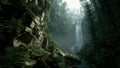 Majestic Waterfall in a Lush, Misty Rainforest Royalty Free Stock Photo