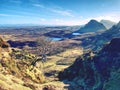 Breathtaking view from Quiraing mountains into vallley. Sunny winter midday. Isle of Skye, Scottland