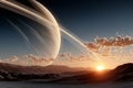 Breathtaking View of a Ringed Planet at Dawn Over an Alien Landscape with Dramatic Skies and Terrain Royalty Free Stock Photo
