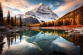 A breathtaking view of a serene lake nestled at the base of majestic mountains, Serene mountain lake surrounded by autumn colors Royalty Free Stock Photo