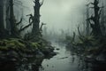 A breathtaking view of a serene swamp with an abundance of trees and lush moss in a natural wetland ecosystem, A misty, serene