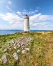 Breathtaking view of Skarsviti lighthouse in Vatnsnes peninsula on a clear day in North Iceland