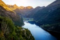 Breathtaking view of Sunnylvsfjorden fjord near Geiranger village in western Norway. Royalty Free Stock Photo