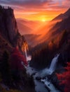 A Breathtaking View: A Sunset Landscape of a Mountain Range and Waterfalls