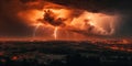 Breathtaking view of thunderstorm at sunset with bolts of lightning crackle through the air. AI generated.